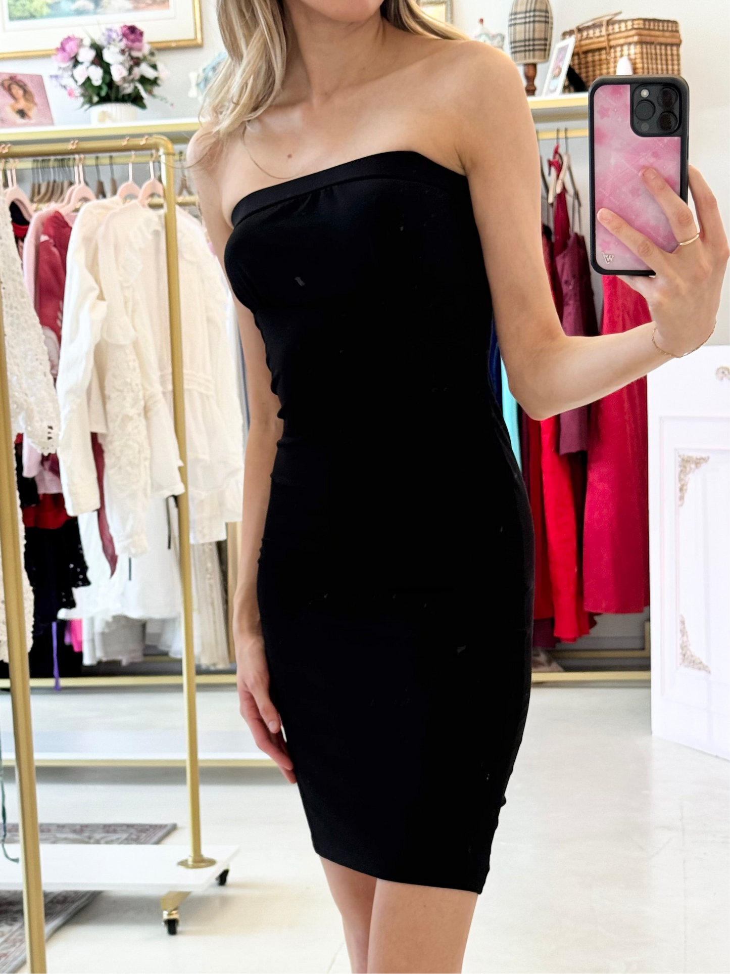 Vintage Mini Black Strapless Dress (Small)