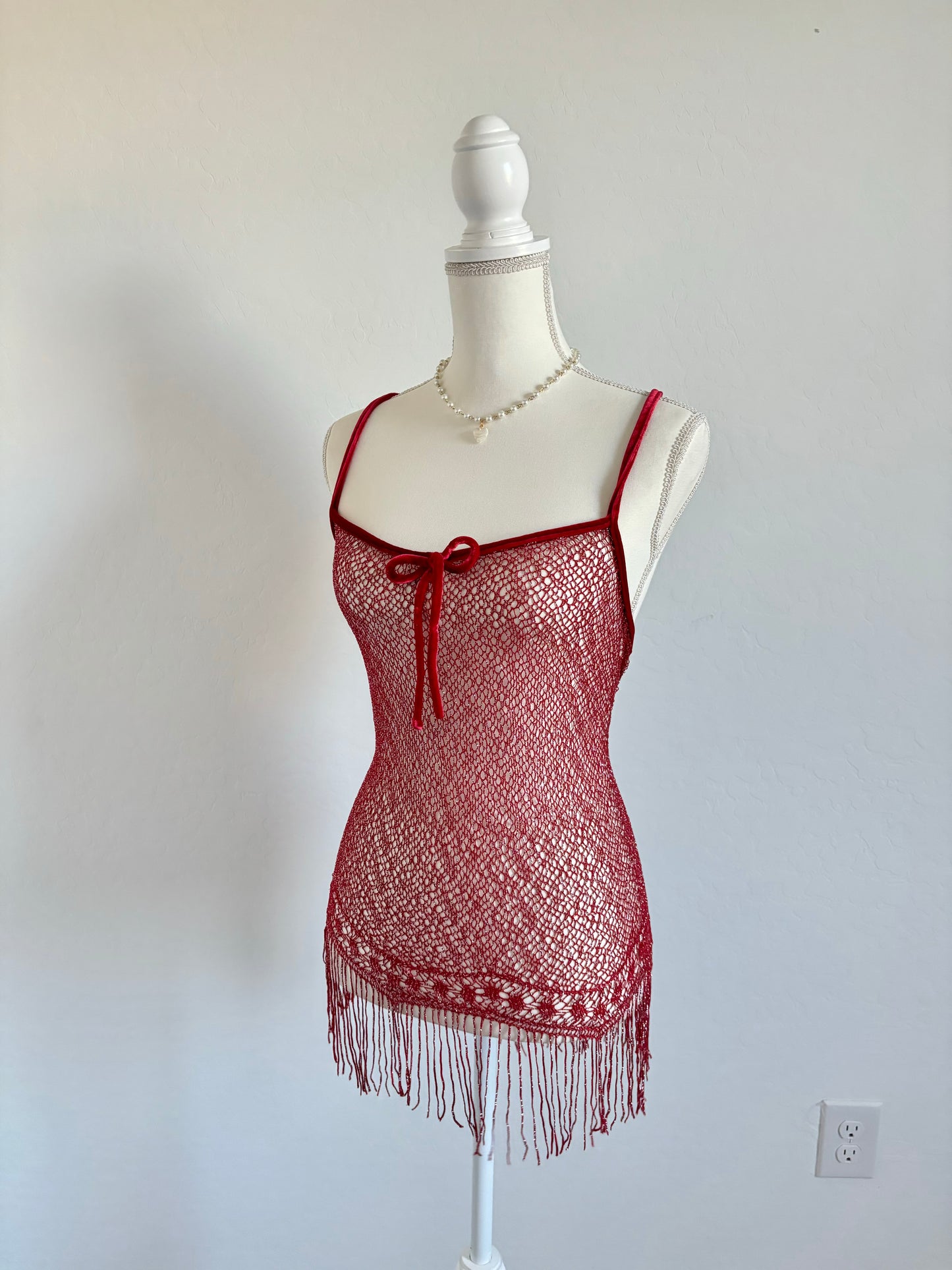 Red Fringe Fishnet Mini Lingerie Velvet Dress (Small)