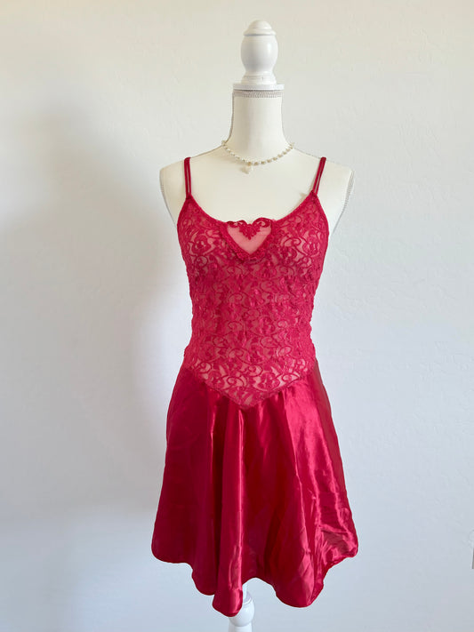 Vintage 80’s Red Heart Lace Lingerie Dress (Medium)