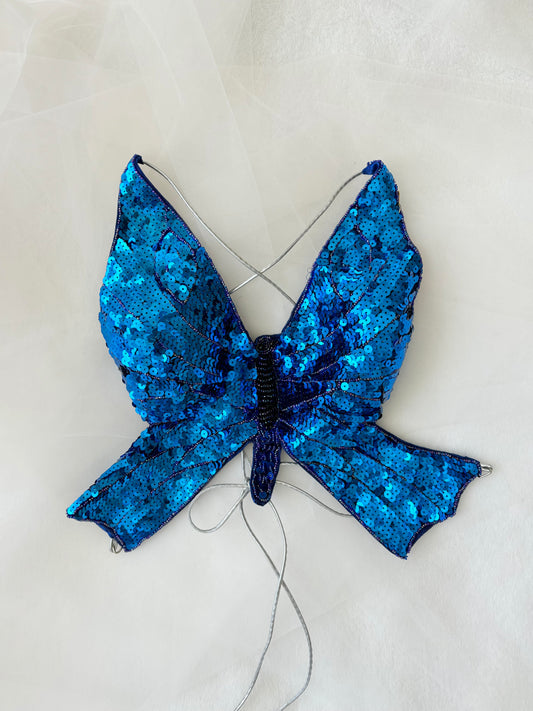 Vintage Sequin Butterfly Blue Corset Tie-Back Top (Extra Small)