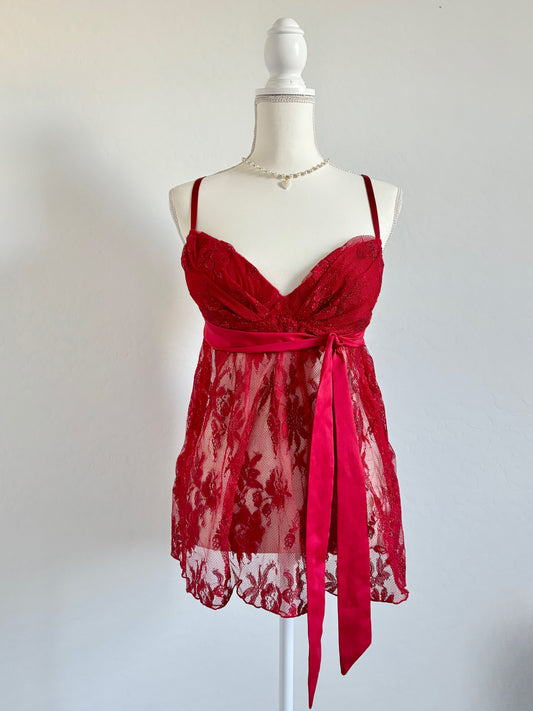 Vintage Red Lace Babydoll Lingerie Dress (Medium)