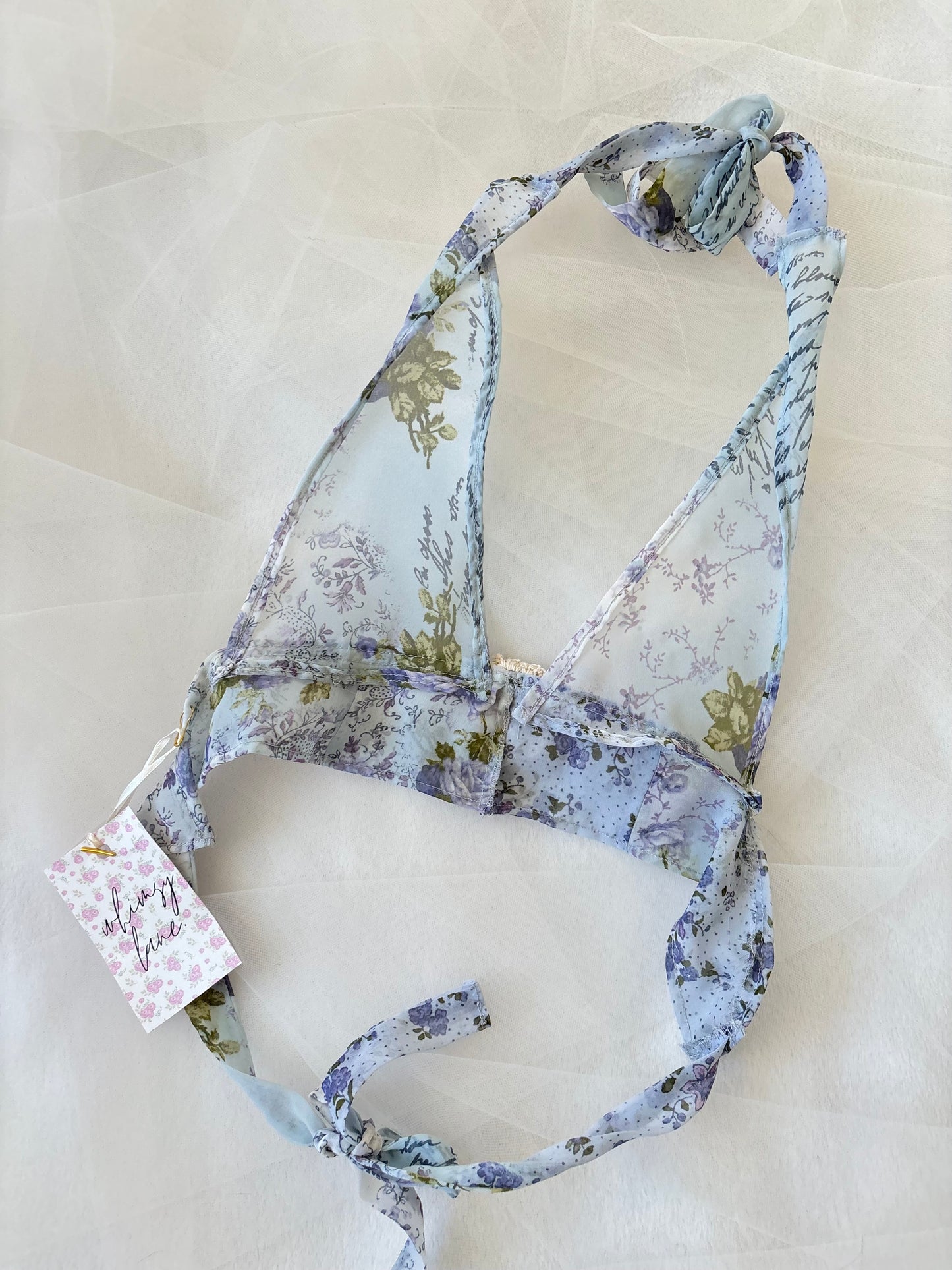 Vintage Sheer Handmade Blue Floral Halter Tie-Up Bralette Top (Extra Small)