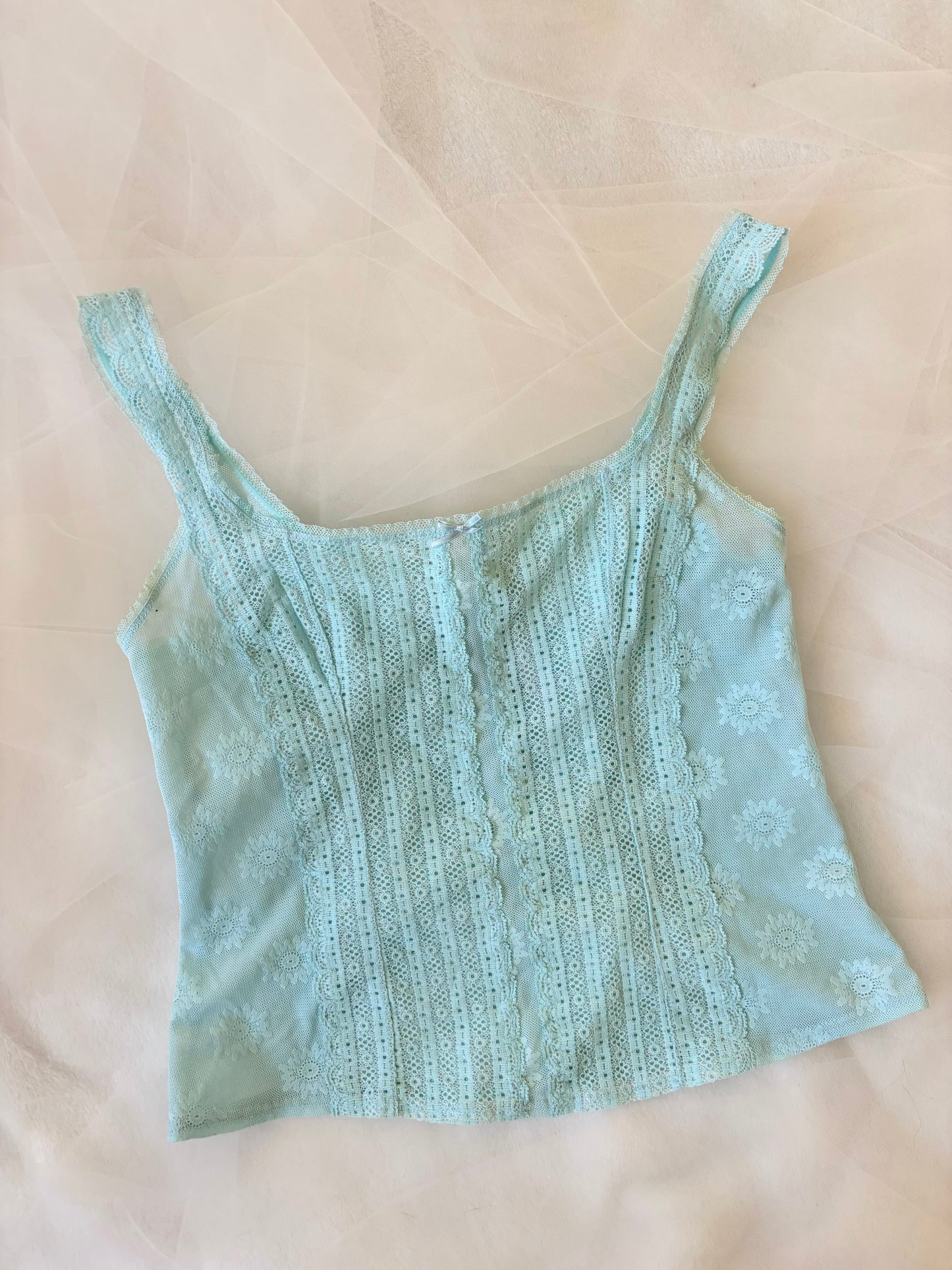 Vintage Mesh Aqua Blue Sheer Stretchy Tank Top (Large)