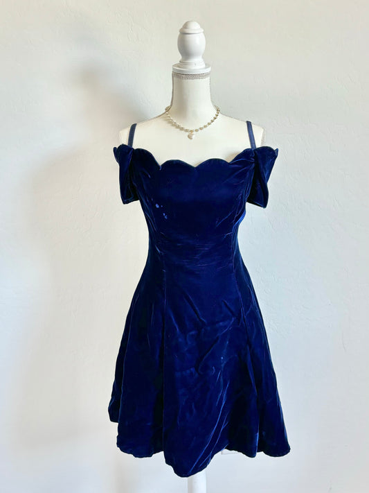 Vintage Velvet Babydoll Blue Tulle Mini Flare Zip-Up Dress (Medium)