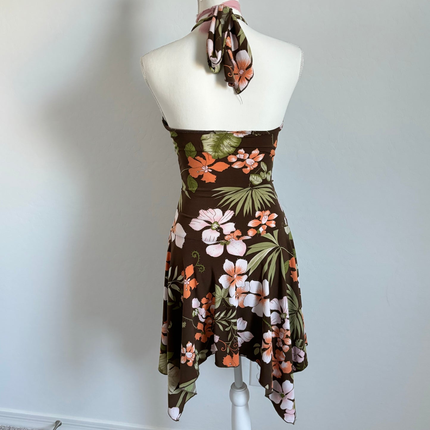 Vintage Floral Brown Whimsical Halter Dress (Small)