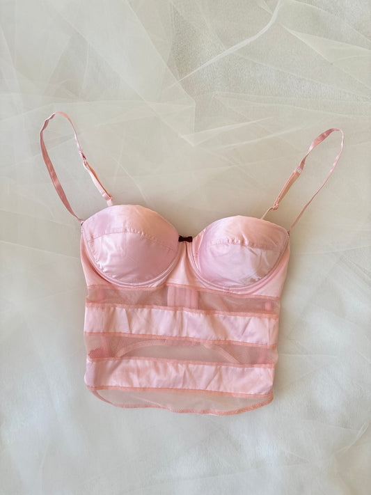 Y2K Satin Pink Bustier Sheer Striped Mesh Top (Small)