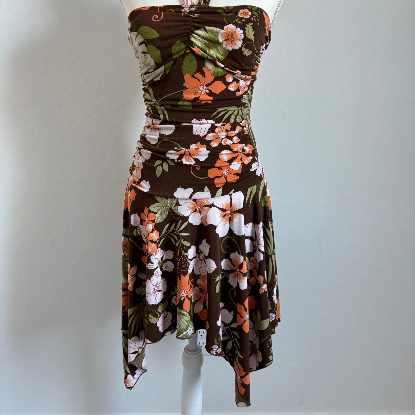 Vintage Floral Brown Whimsical Halter Dress (Small)