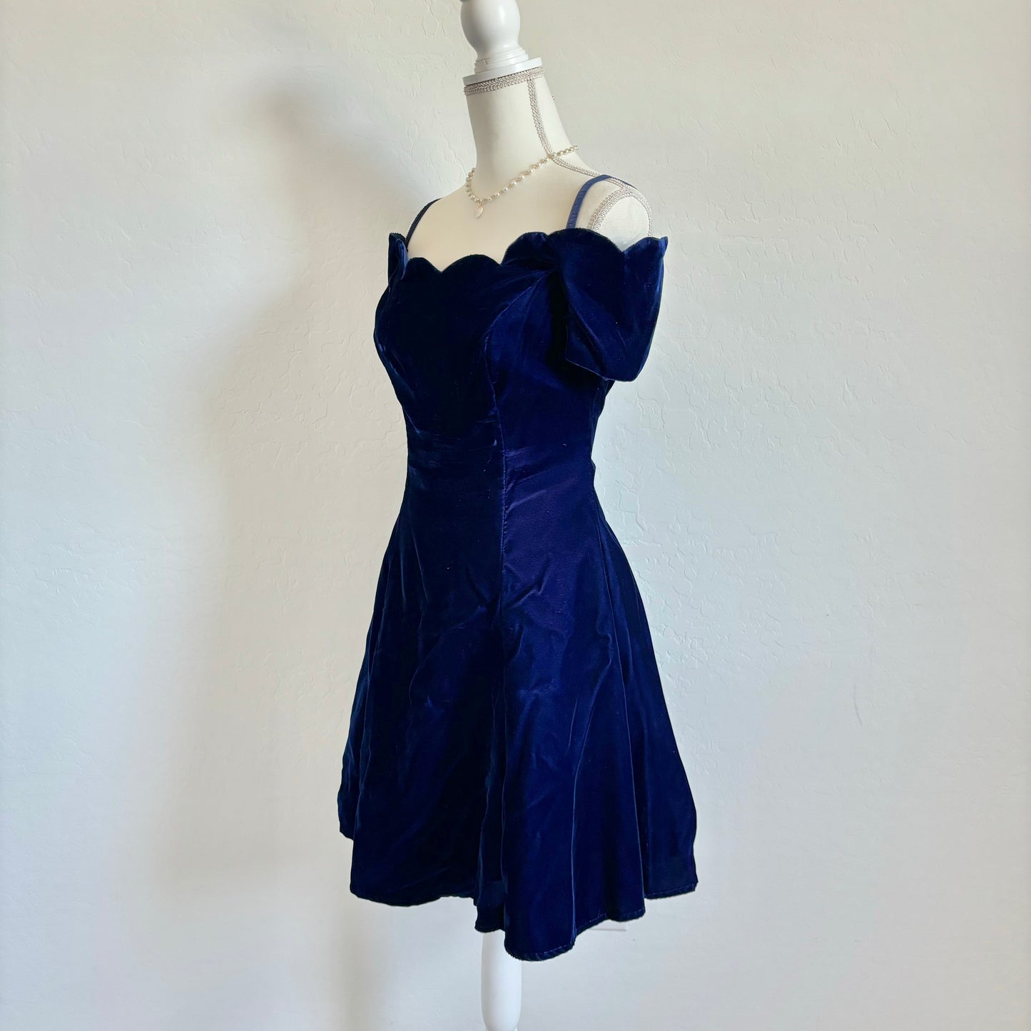 Vintage Velvet Babydoll Blue Tulle Mini Flare Zip-Up Dress (Medium)