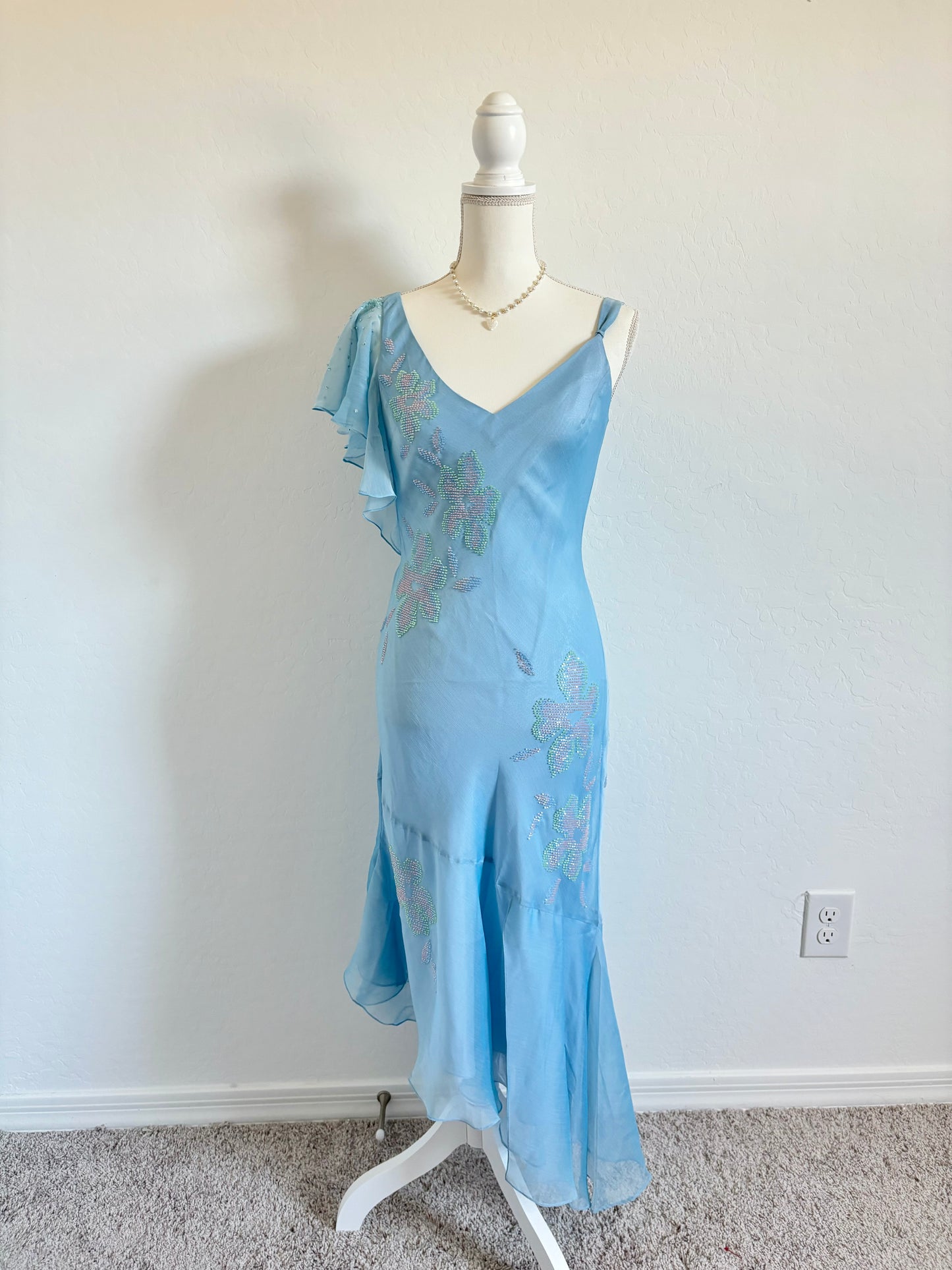 Vintage Powder Blue Beaded Midi Dress (Small)