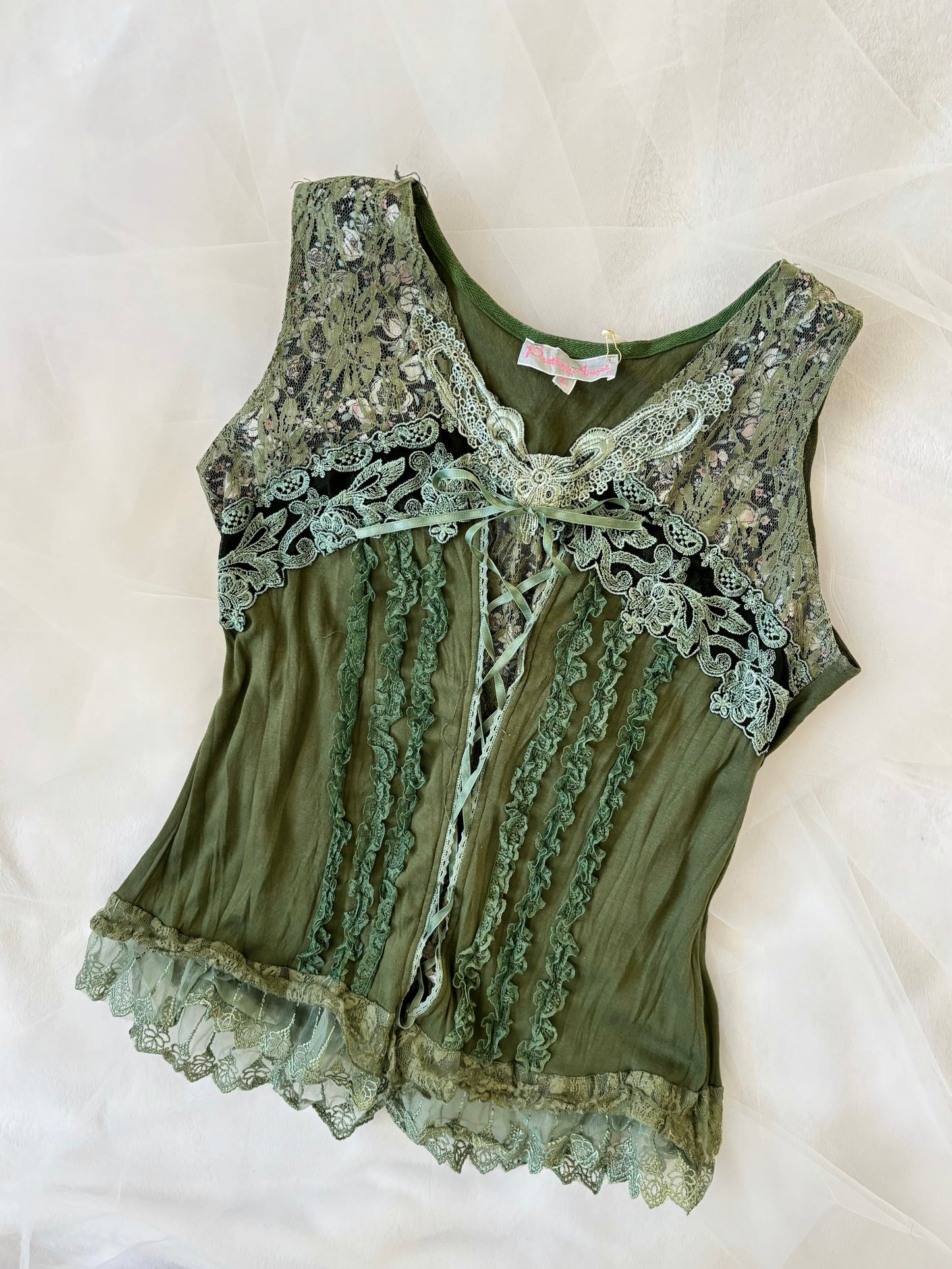 Vintage Fairy Green Lace Tank Stretchy Top (Large)