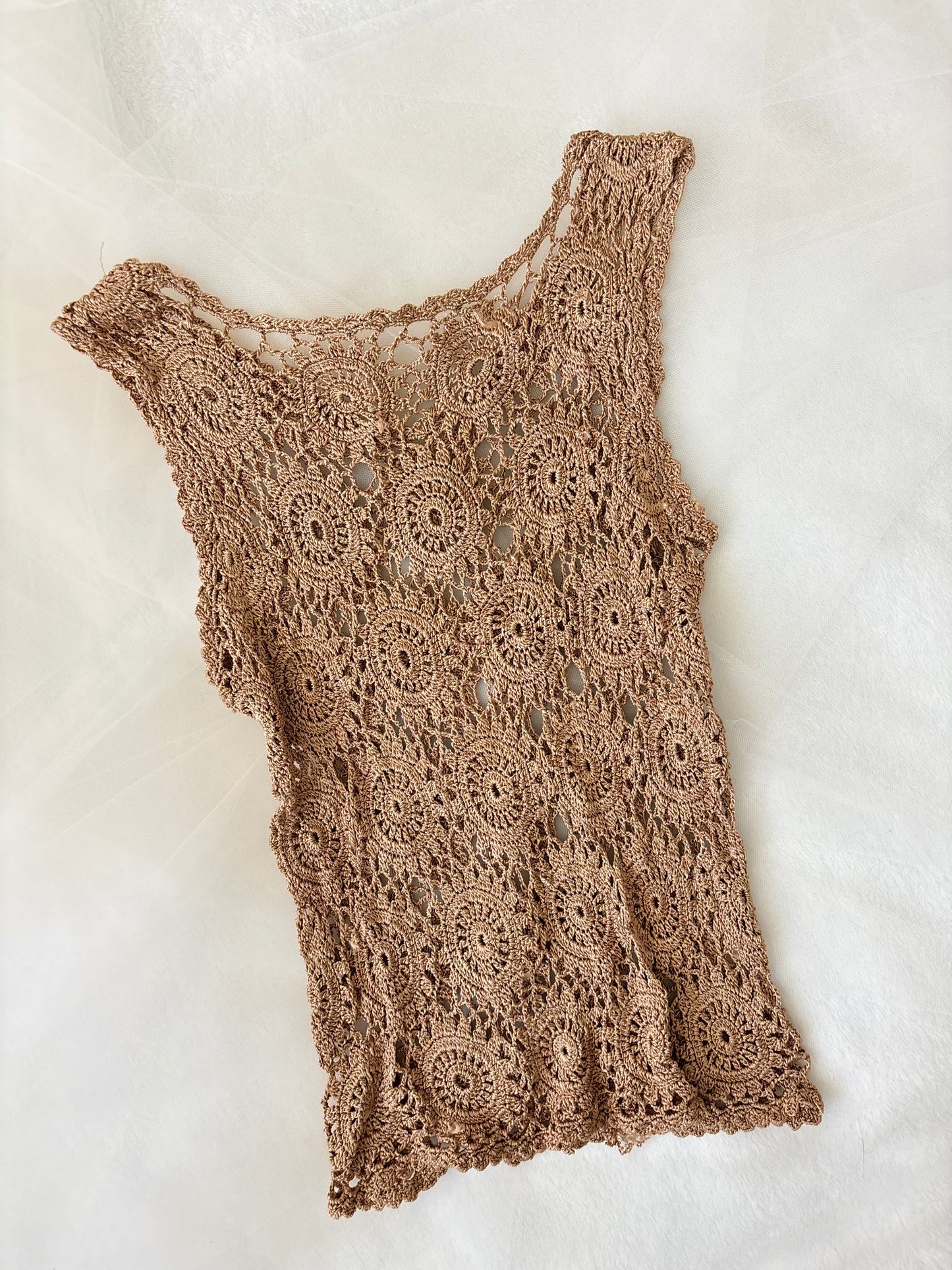 Vintage Brown Crochet Knit Tank See Through Tank Top (Small)