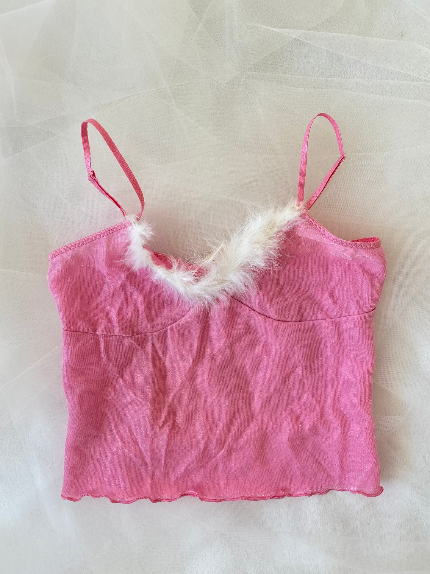 Y2K Shimmer Micro Mesh Pink Fur Cami Stretchy Top (Small)