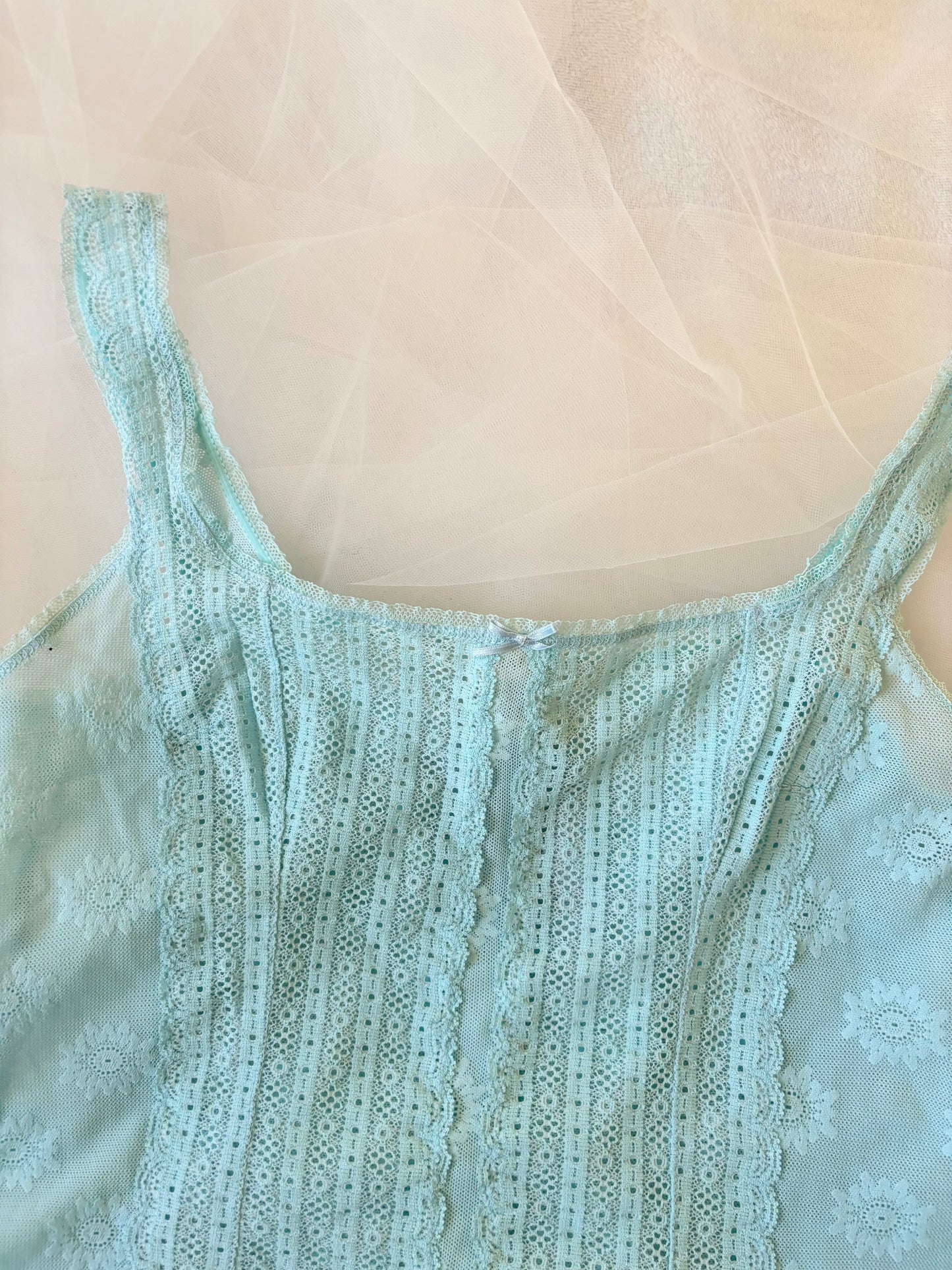 Vintage Mesh Aqua Blue Sheer Stretchy Tank Top (Large)