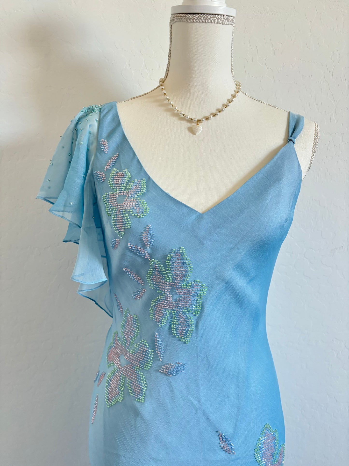 Vintage Powder Blue Beaded Midi Dress (Small)