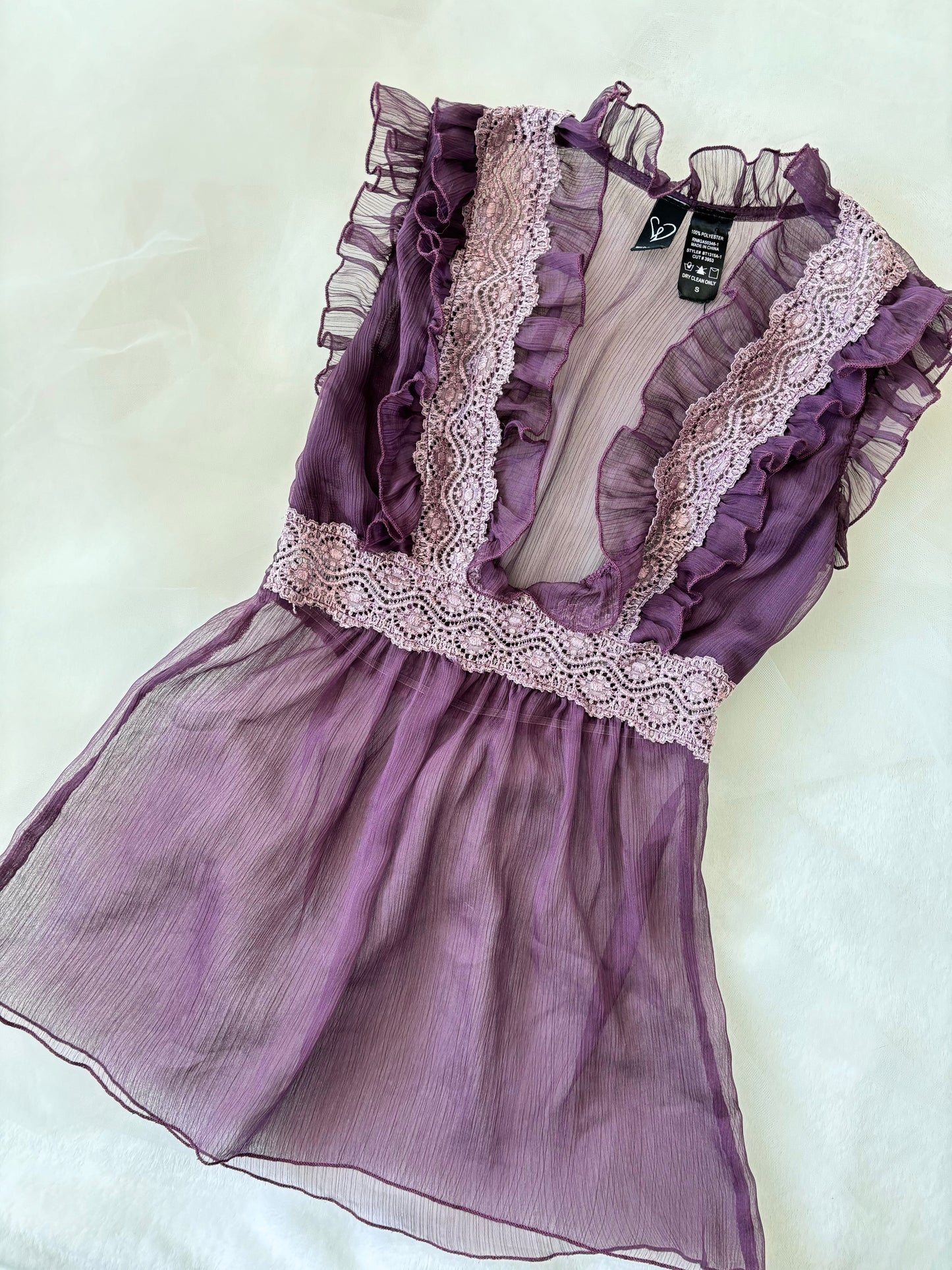 Y2K Sheer Ruffle Royal Purple Blouse Top (Small)