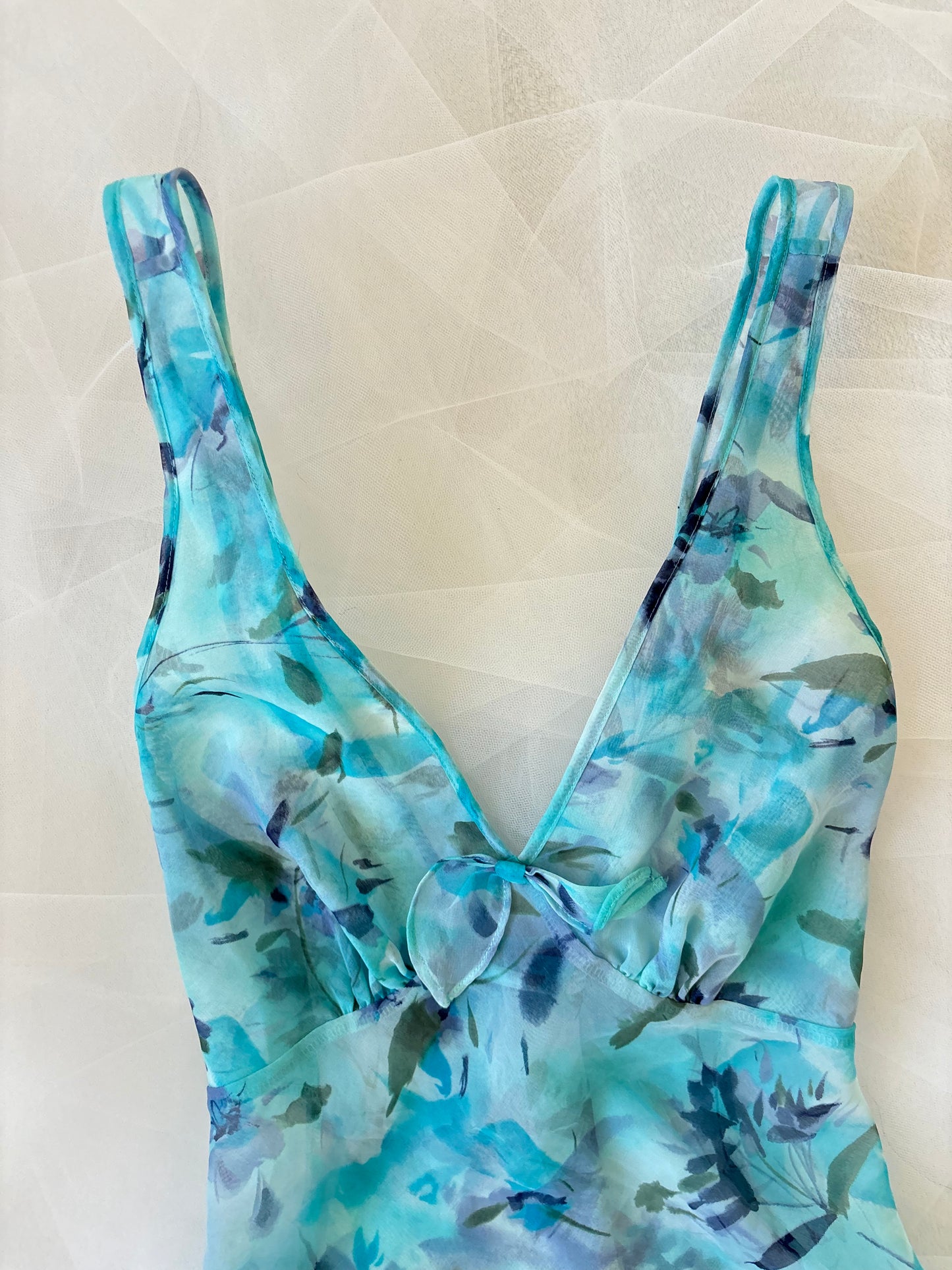 Vintage Blue Floral Sheer Halter Top (Medium)