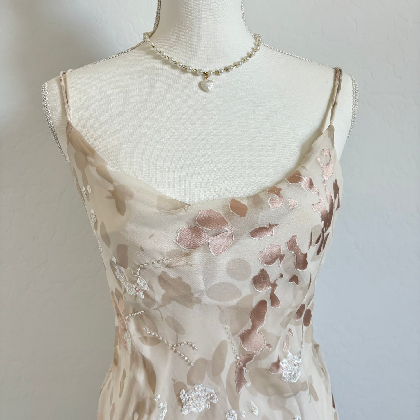 Vintage Fairy 100% Silk Maxi Floral Creamy Brown Floral Dress (12P)