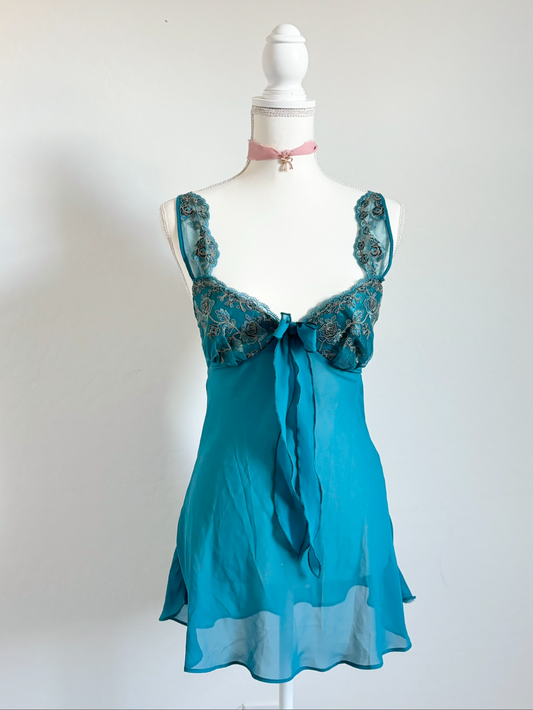 Vintage Blue Fairy Whimsical Embroidered Lingerie Dress (Medium)