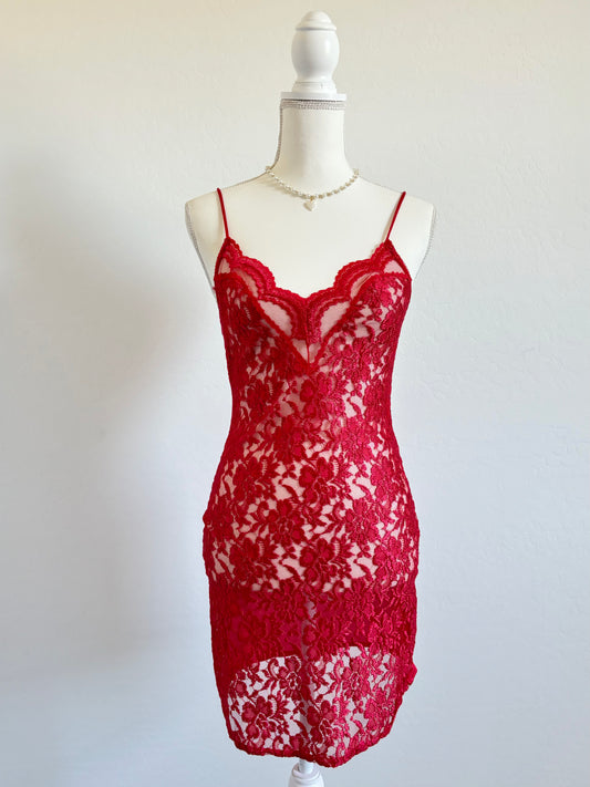 Vintage 80’s Lace Lingerie Red Dress (Small)