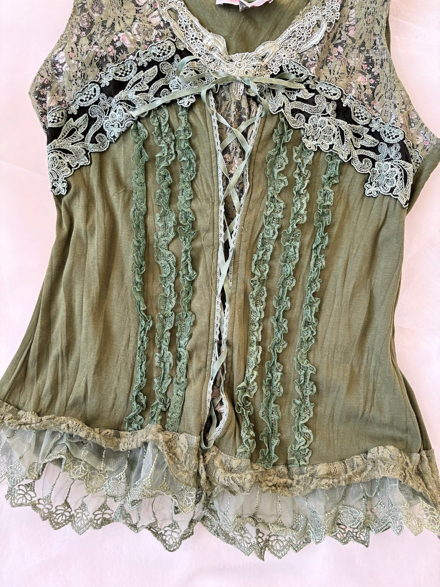 Vintage Fairy Green Lace Tank Stretchy Top (Large)