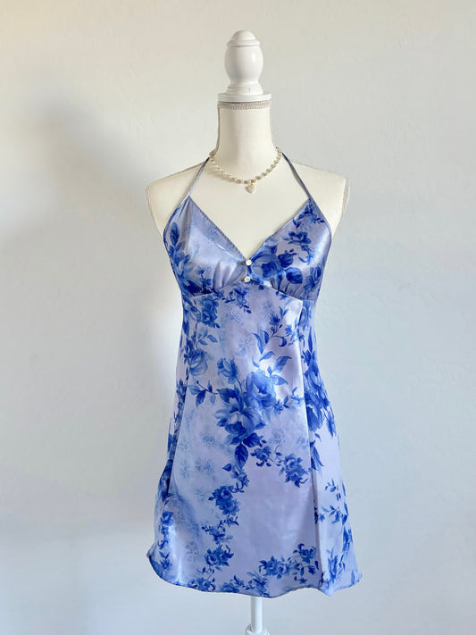 Vintage Halter Floral Mini Satin Slip Lingerie Dress (Medium)