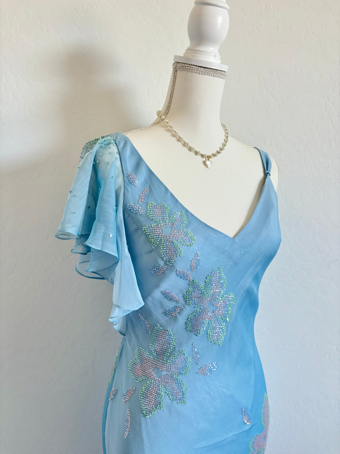 Vintage Powder Blue Beaded Midi Dress (Small)