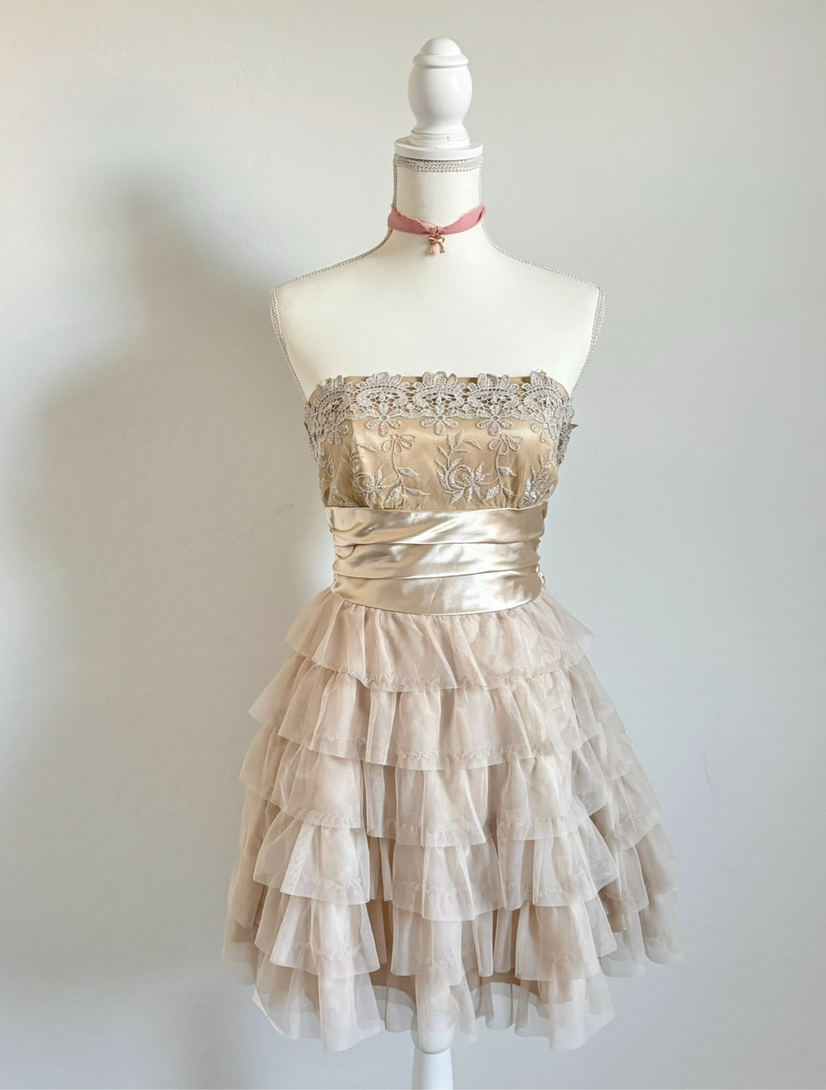 Vintage Gold Tulle Mini Ruffle Dress (8)