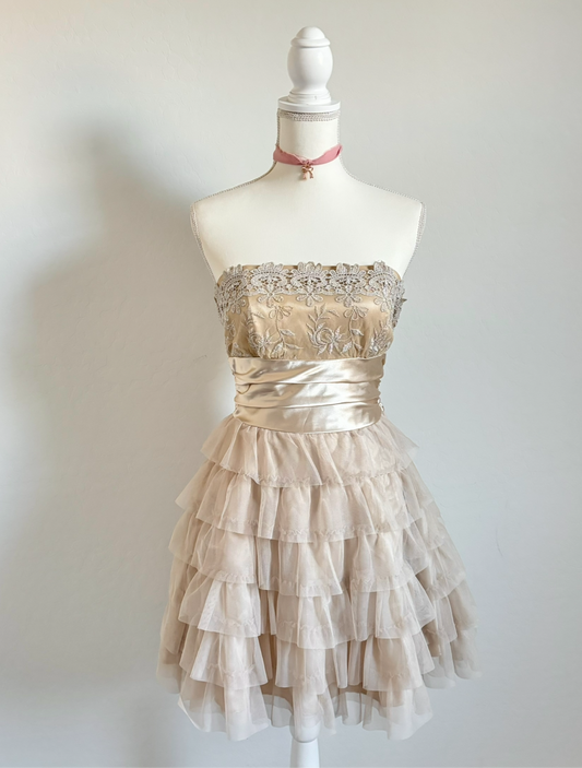 Vintage Gold Tulle Mini Ruffle Dress (8)