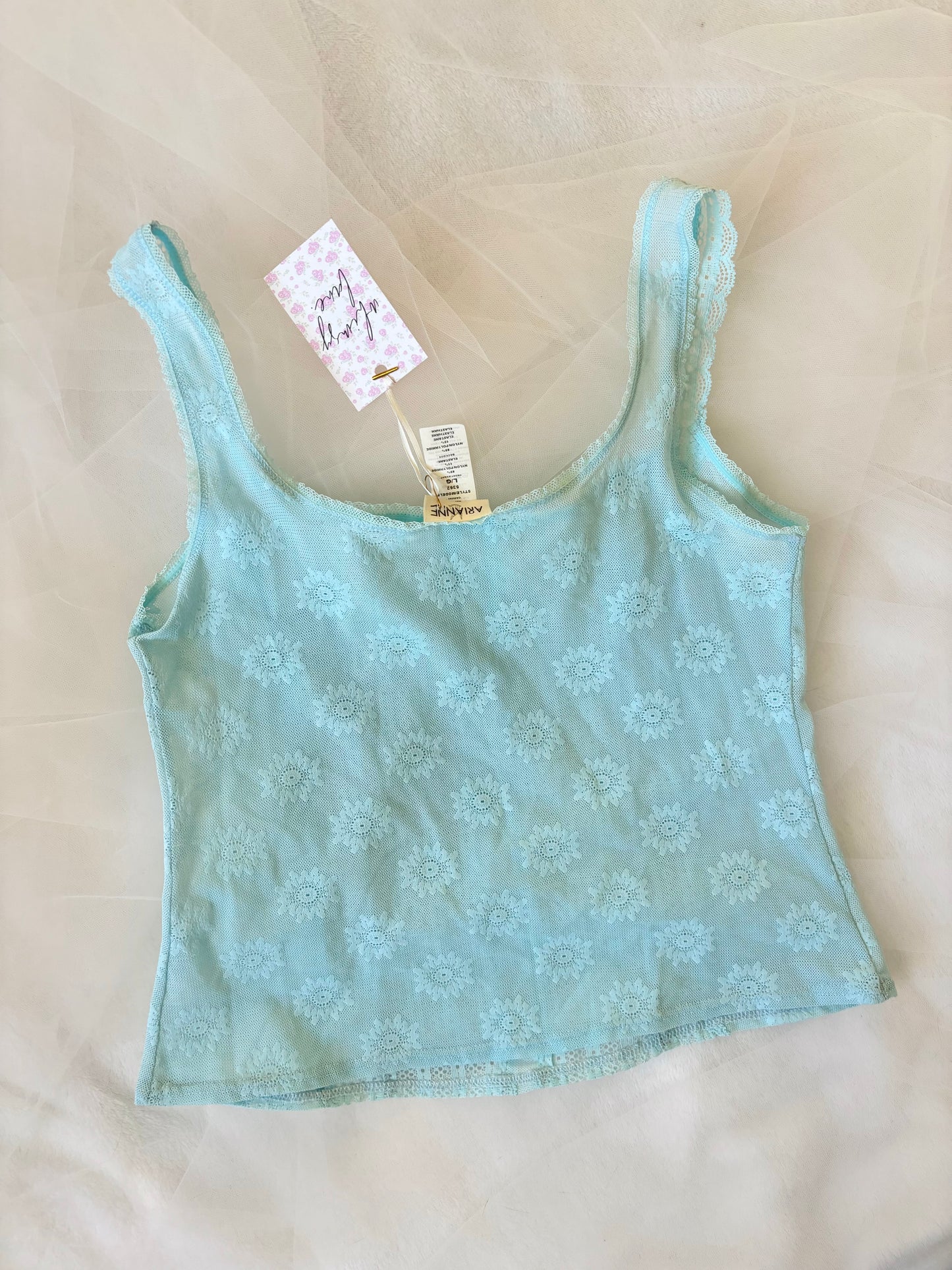 Vintage Mesh Aqua Blue Sheer Stretchy Tank Top (Large)