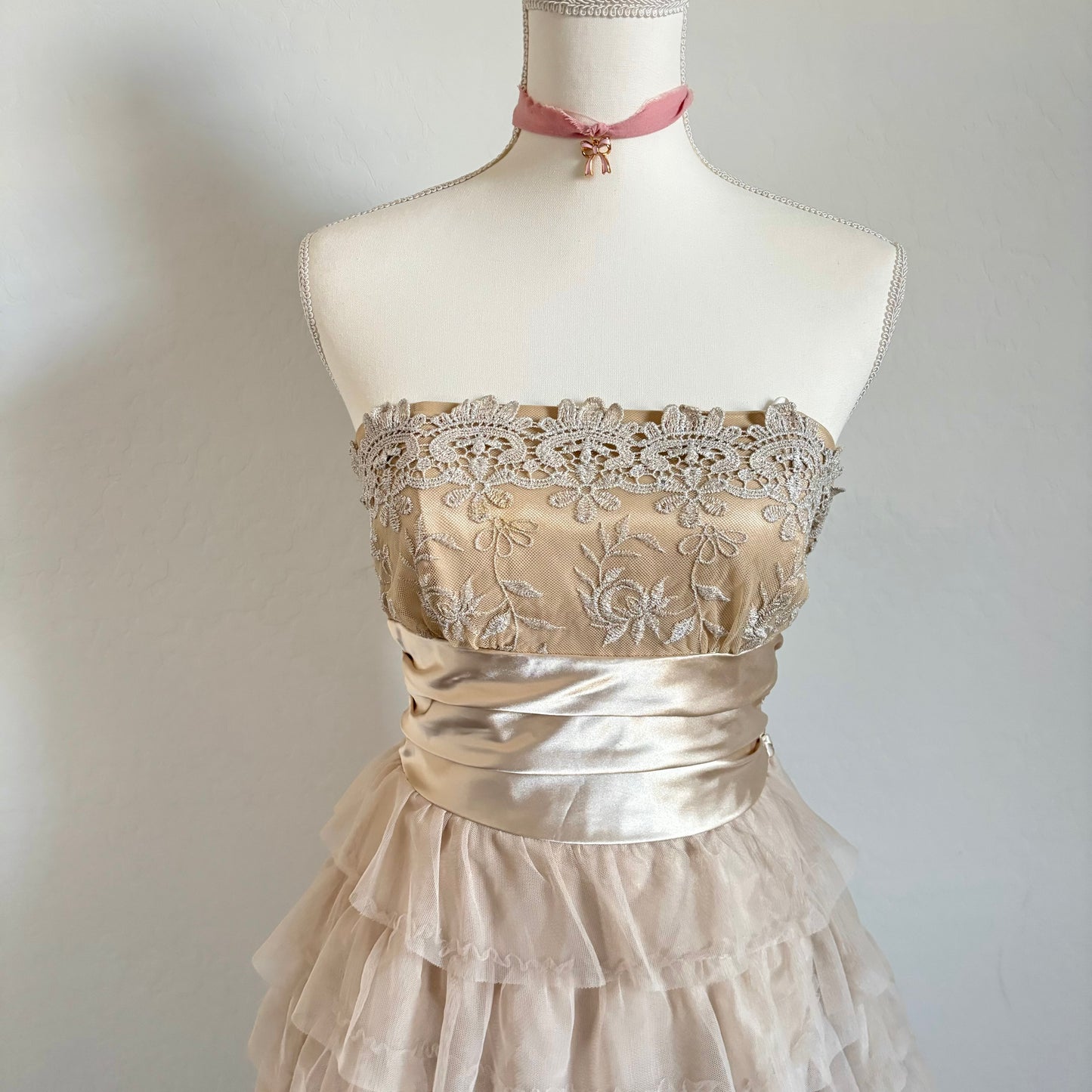 Vintage Gold Tulle Mini Ruffle Dress (8)