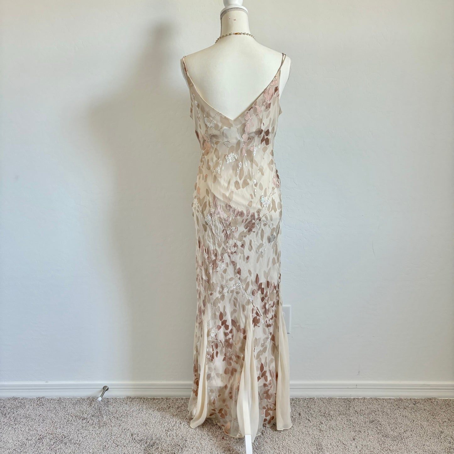 Vintage Fairy 100% Silk Maxi Floral Creamy Brown Floral Dress (12P)