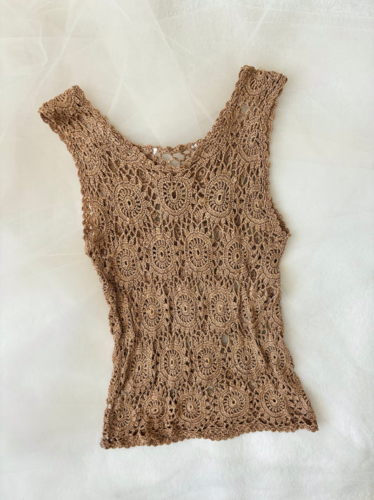 Vintage Brown Crochet Knit Tank See Through Tank Top (Small)