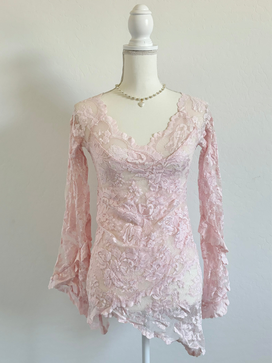 Pink Pastel Fairy Asymmetrical Longsleeve Floral Lace Top (Medium)