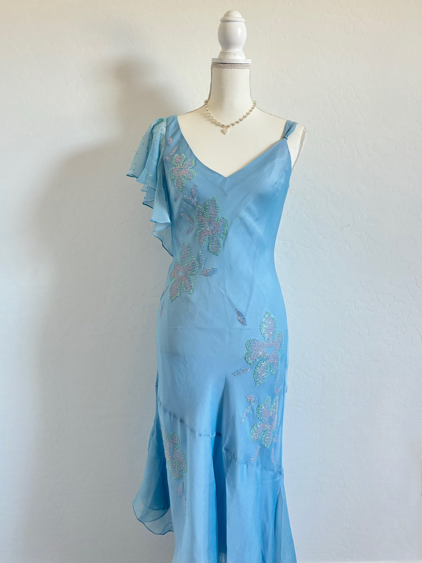 Vintage Powder Blue Beaded Midi Dress (Small)