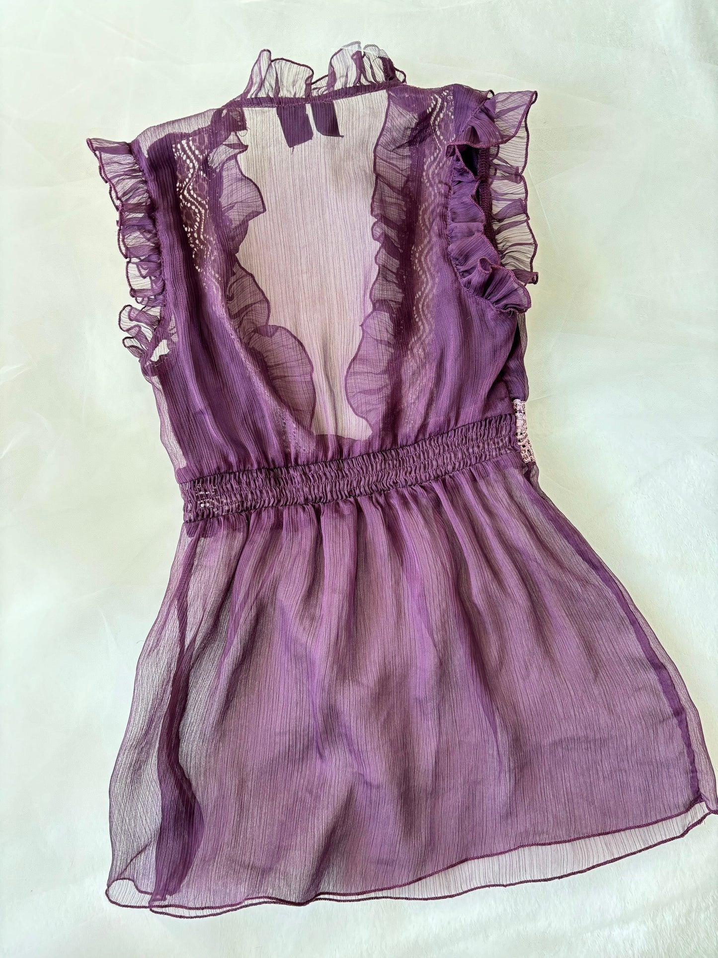 Y2K Sheer Ruffle Royal Purple Blouse Top (Small)