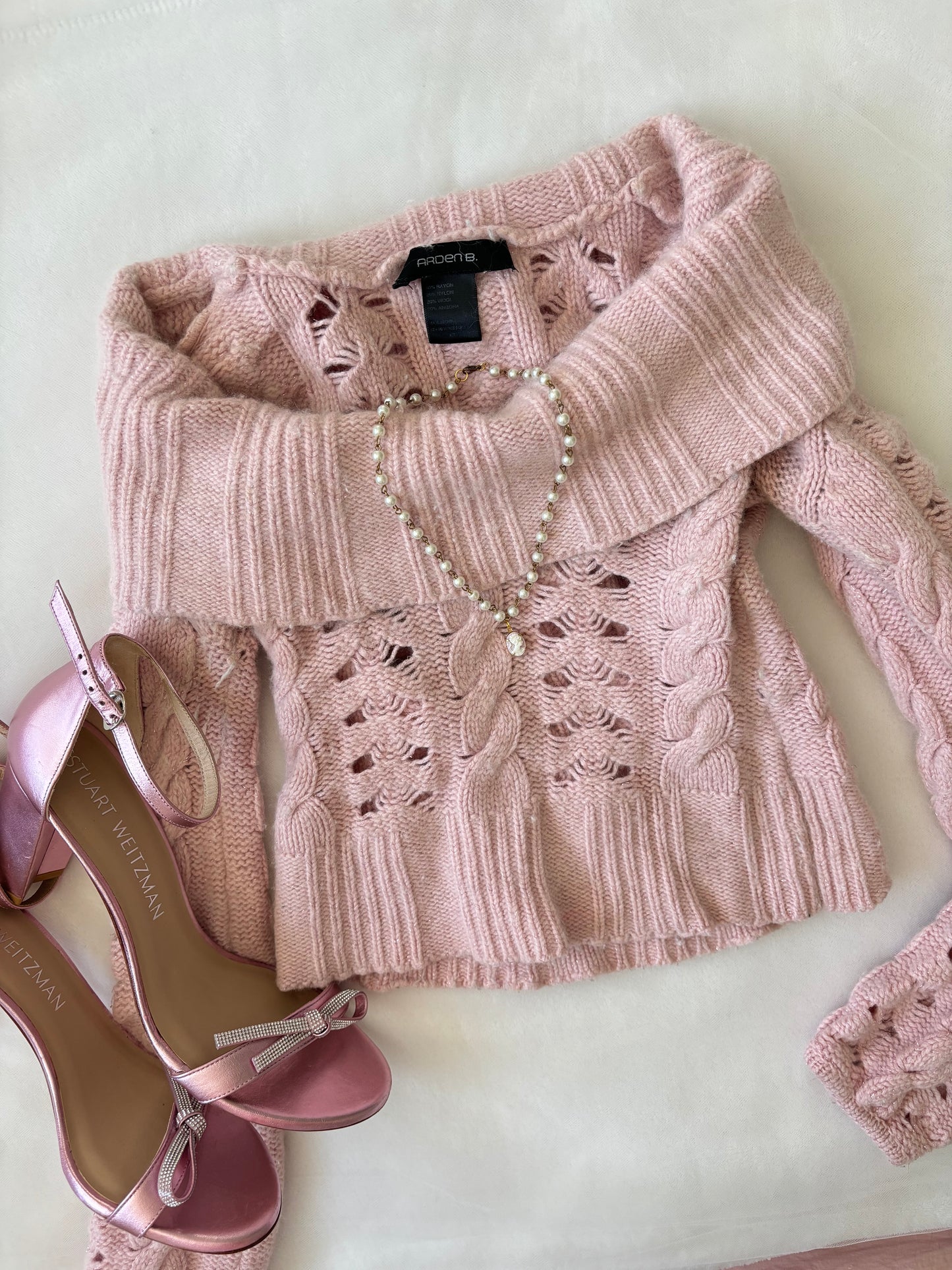 Y2K Baby Pink Balletcore Turtleneck Cable-knit Crop Sweater (Extra Small)