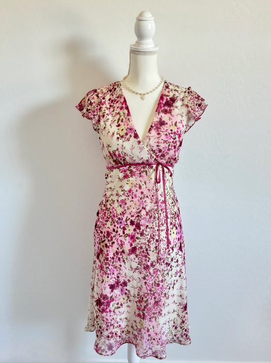 Vintage Floral Midi Chiffon Lined Dress (Small)