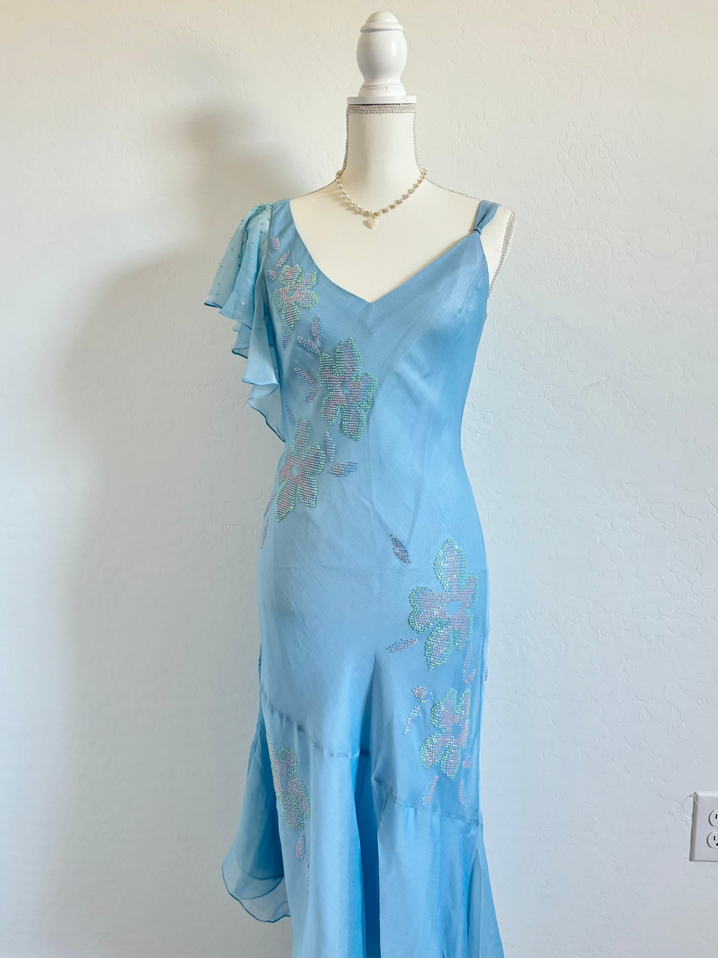 Vintage Powder Blue Beaded Midi Dress (Small)