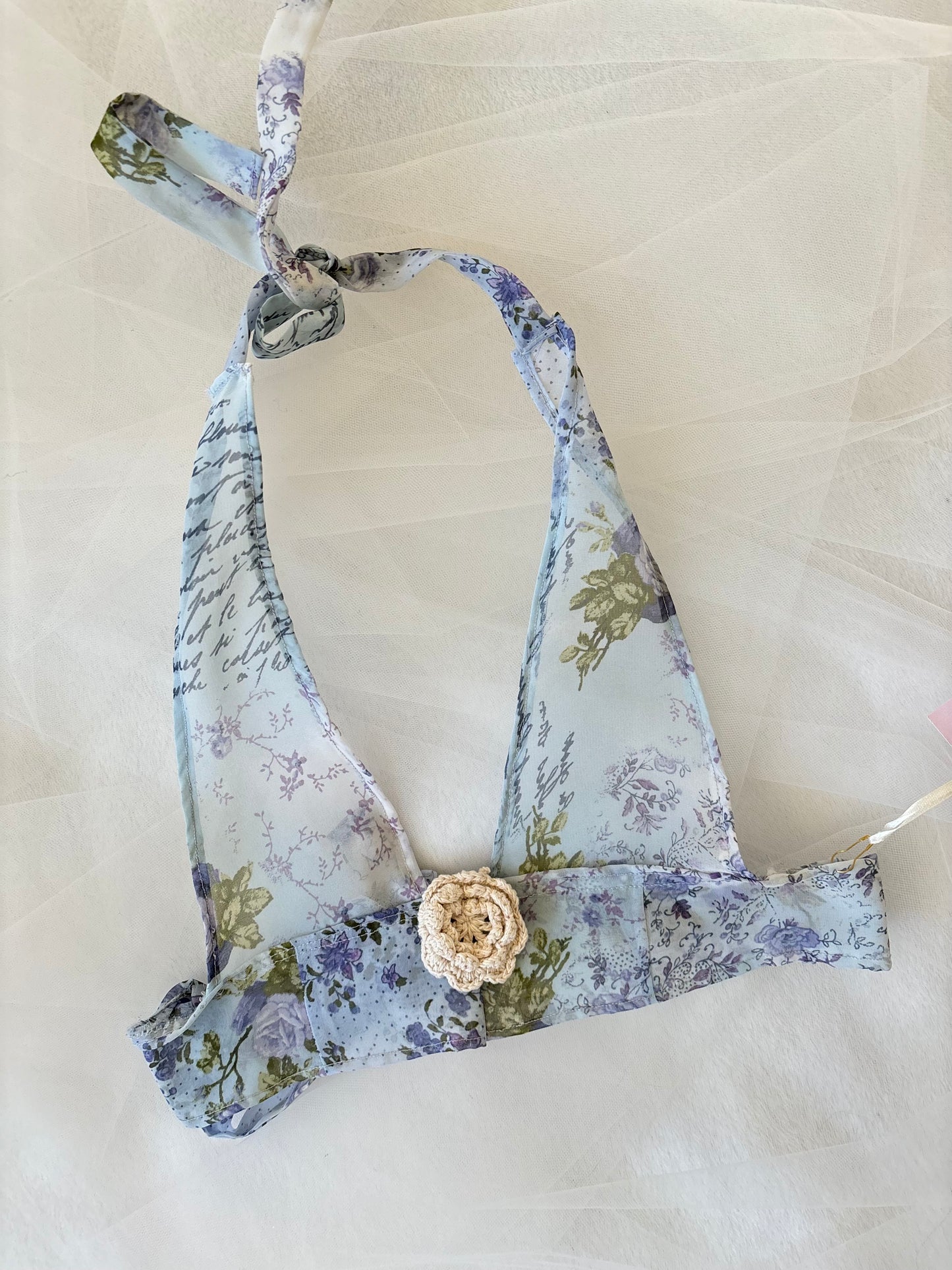 Vintage Sheer Handmade Blue Floral Halter Tie-Up Bralette Top (Extra Small)