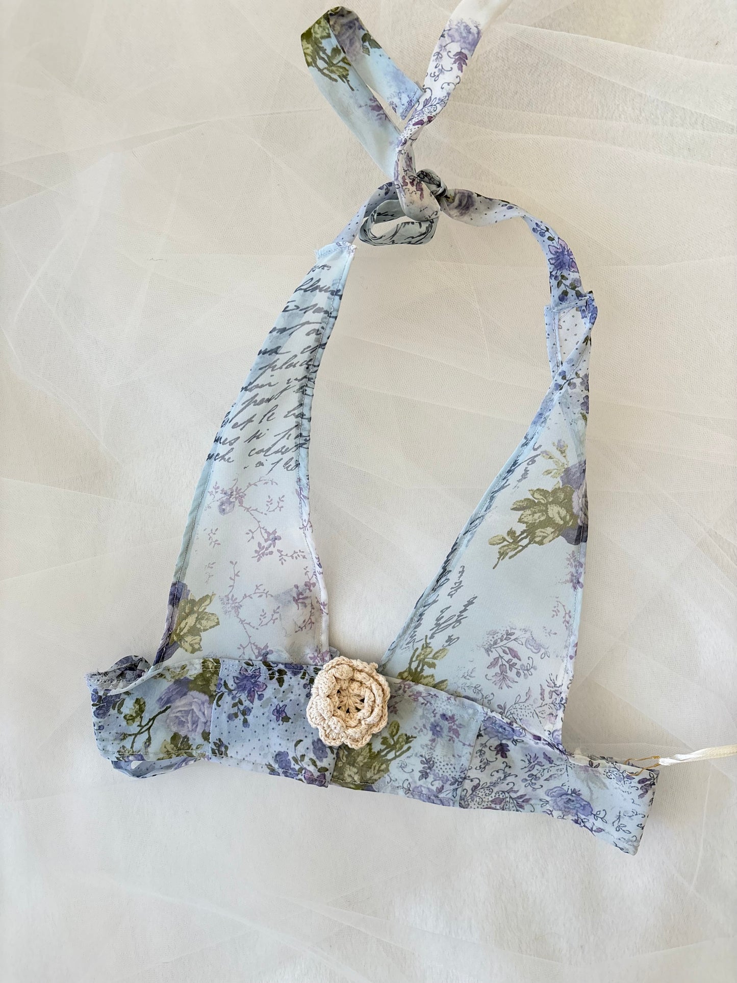 Vintage Sheer Handmade Blue Floral Halter Tie-Up Bralette Top (Extra Small)