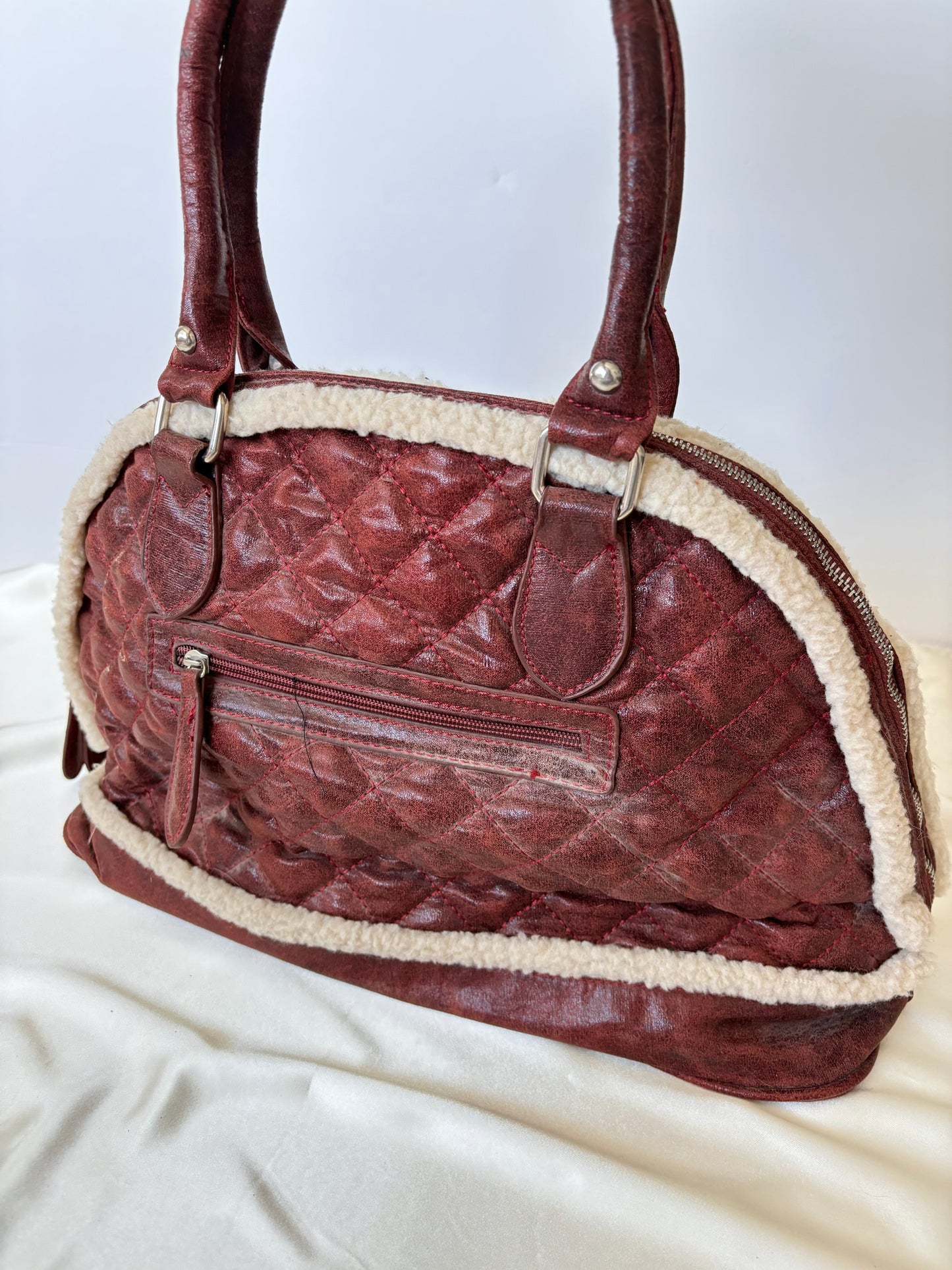 Vintage Burgundy Sherpa Quilted Patterned Bag