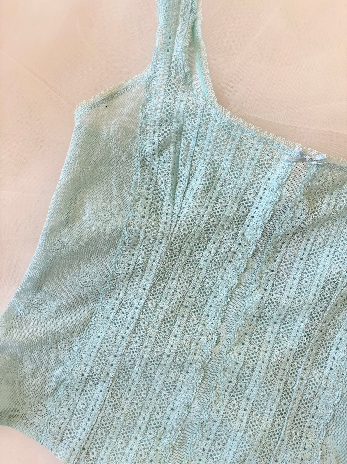 Vintage Mesh Aqua Blue Sheer Stretchy Tank Top (Large)