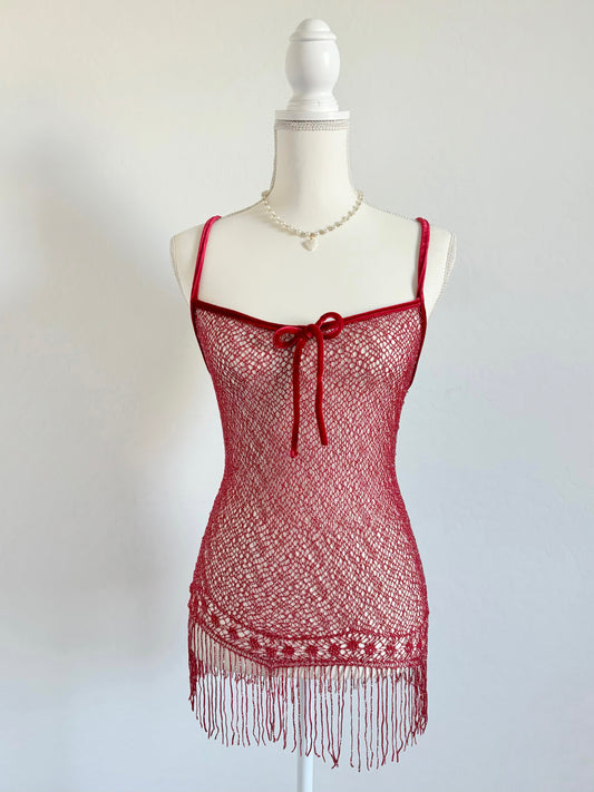 Red Fringe Fishnet Mini Lingerie Velvet Dress (Small)