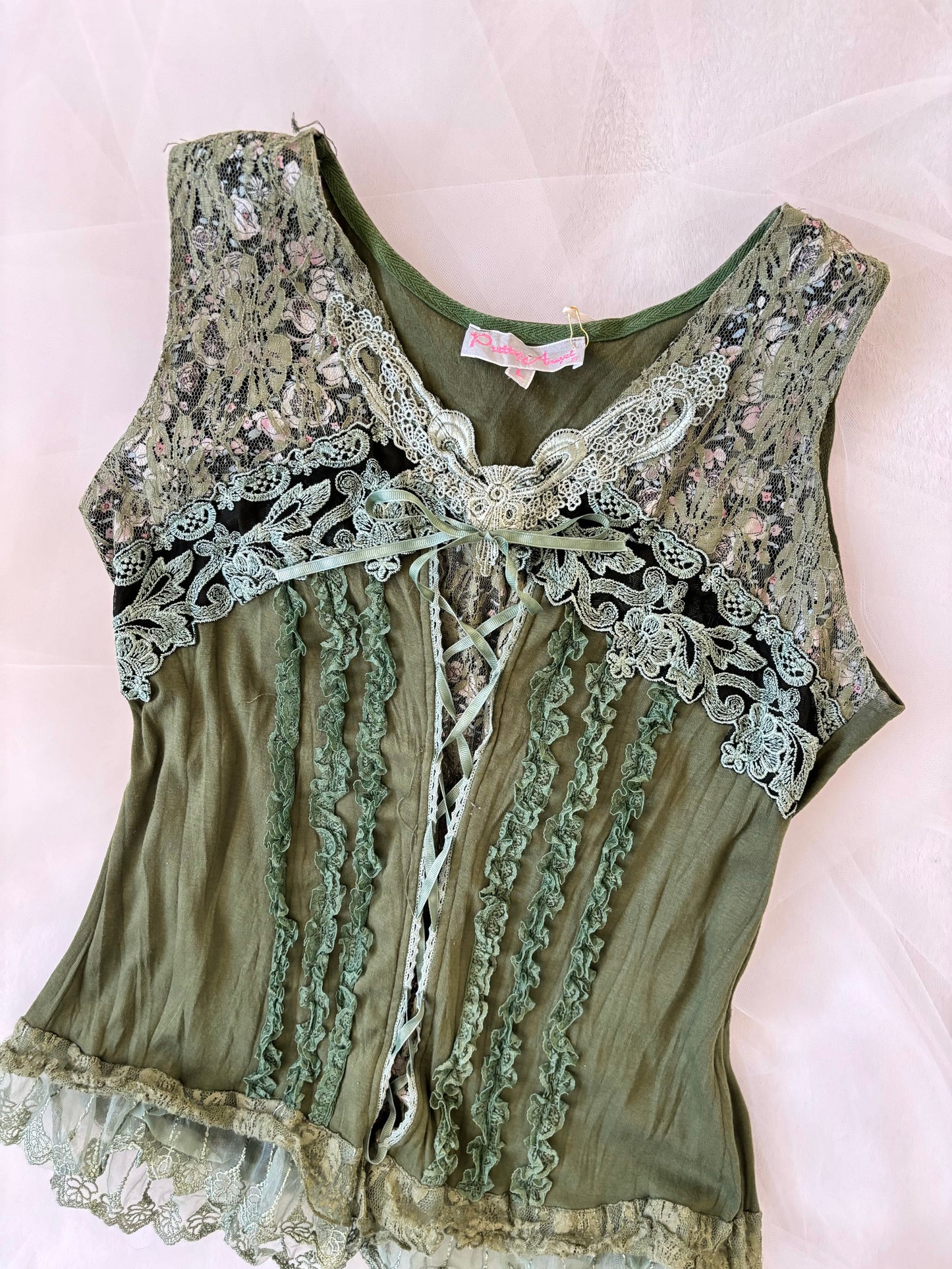 Vintage Fairy Green Lace Tank Stretchy Top (Large)