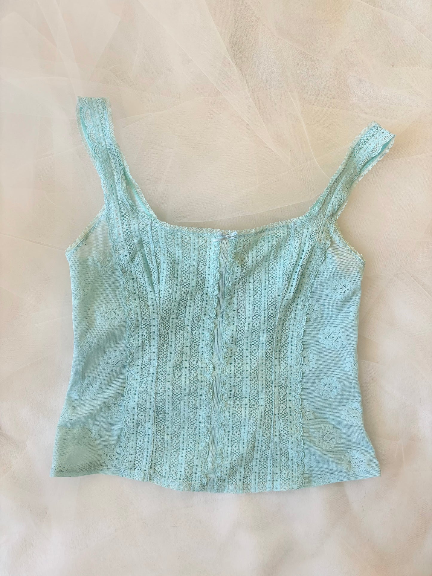 Vintage Mesh Aqua Blue Sheer Stretchy Tank Top (Large)