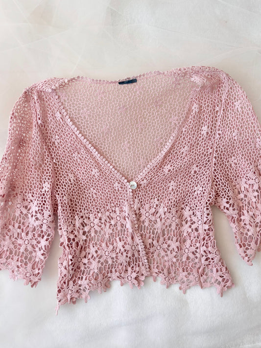 Vintage Baby Pink Knit Floral Cardigan Top (Large)