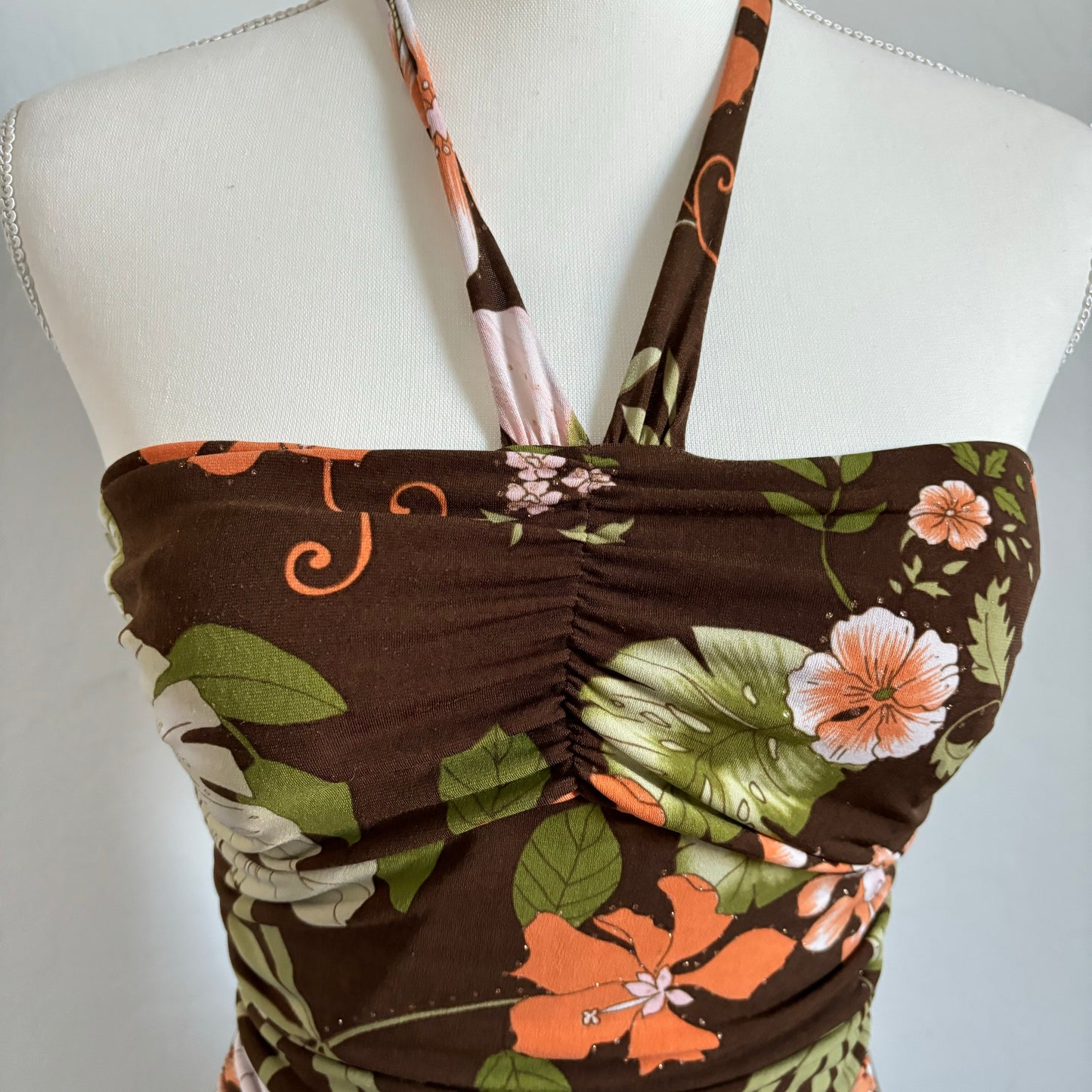 Vintage Floral Brown Whimsical Halter Dress (Small)