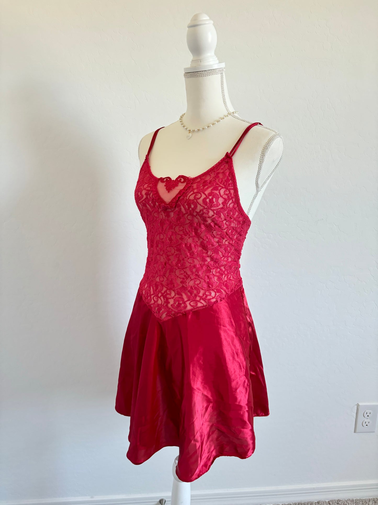 Vintage 80’s Red Heart Lace Lingerie Dress (Medium)