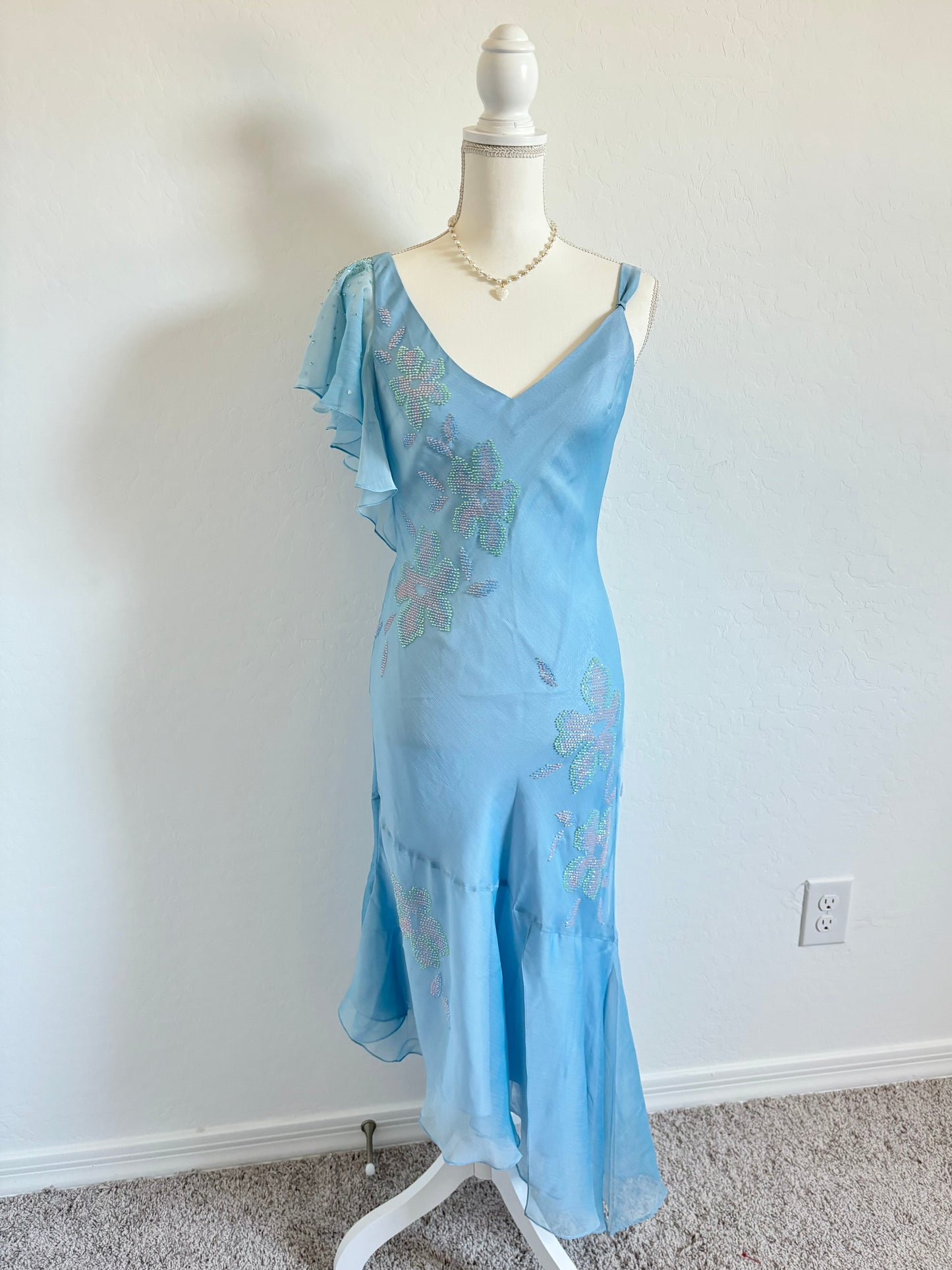 Vintage Powder Blue Beaded Midi Dress (Small)