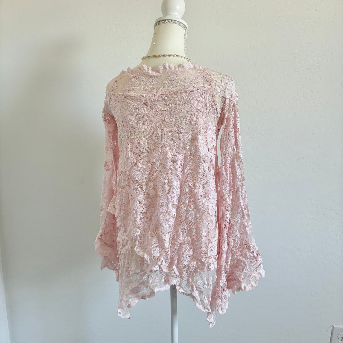 Pink Pastel Fairy Asymmetrical Longsleeve Floral Lace Top (Medium)